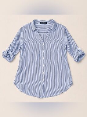Velvet Heart Blue White Stripe Roll Tab Button Down Shirt M